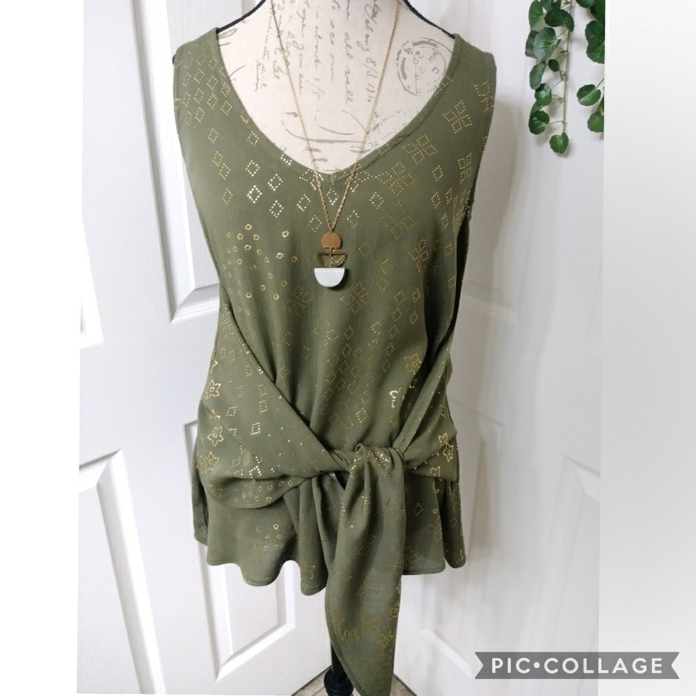 Loralette Olive Tie Front Sleeveless Top Size 1X